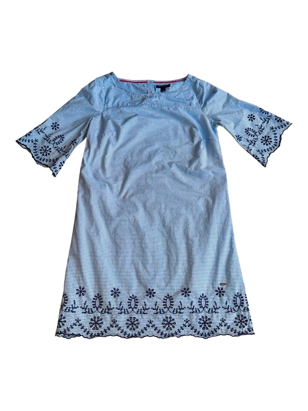 Tommy Hilfiger Embroidered Shift Dress Size M Blue White Stripe Boat Neck Cotton